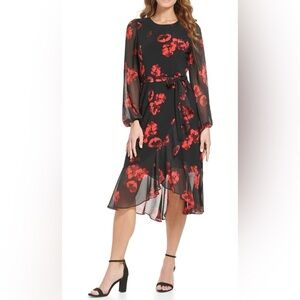 Tommy Hilfiger Black and Red Floral Long Sleeve Dress